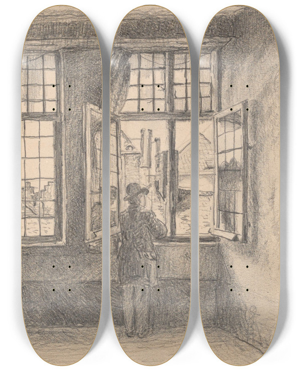 Triptych art skateboard deck of Henri De Braekeleer Man At The Window_3 by Henri de Braekeleer (1840-1888)
