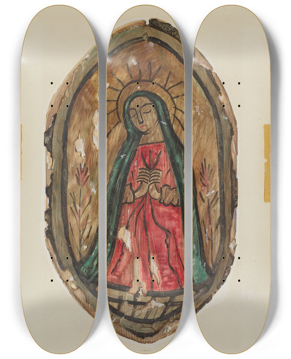 Triptych art skateboard deck of Majel G Claflin Retablo Santa Maria by Majel G Claflin (1893-1941)