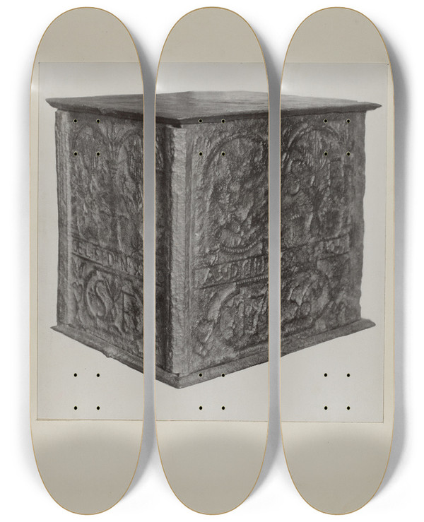 Triptych art skateboard deck of Charles Von Urban Pa German Jamb Stove by Charles Von Urban