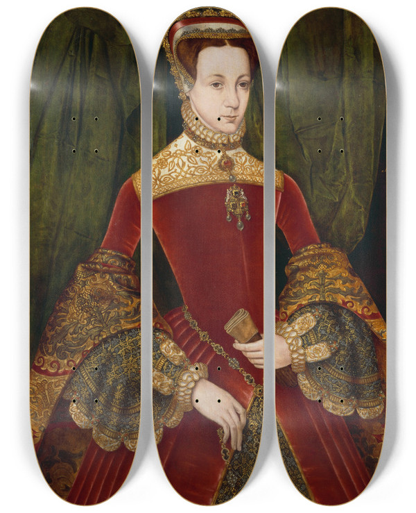 Triptych art skateboard deck of Hans Eworth Portrait Of Mary Fitzalan Duchess Of Norfolk by Hans Eworth (1540-1574)