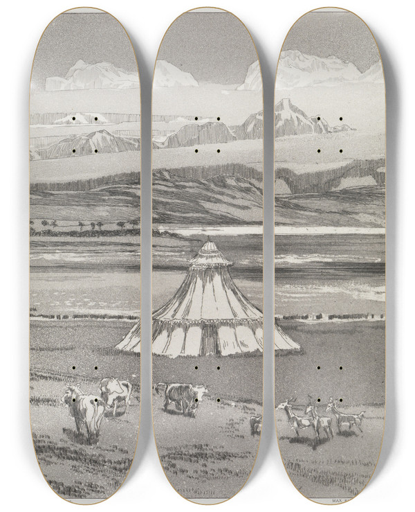 Triptych art skateboard deck of Max Klinger Zelt Zelt Opus Xiv 1 Teil Nr 2 by Max Klinger (1857-1920)