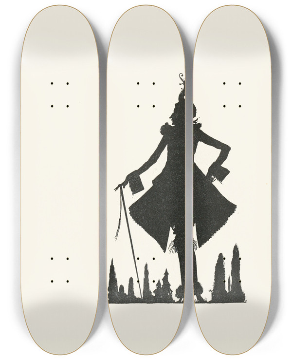 Triptych art skateboard deck of Harry Clarke Riquet With The Tuft by Harry Clarke (1889-1931)