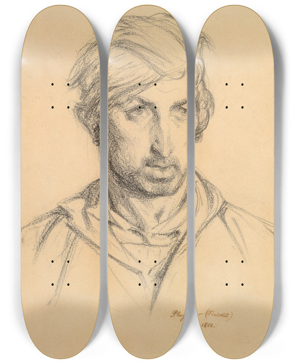 Triptych art skateboard deck of Henri Regnault Head Of A Man by Henri Regnault (1843-1871)
