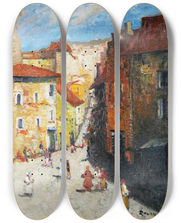 Triptych art skateboard deck of Hans Ruzickalautenschlger Mediterranes Stadtmotiv Mit Belebter Gasse by Hans Ruzicka-Lautenschlger (1862-1933)