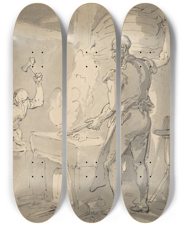 Triptych art skateboard deck of Thomas Rowlandson A Blacksmith by Thomas Rowlandson (1756-1827)