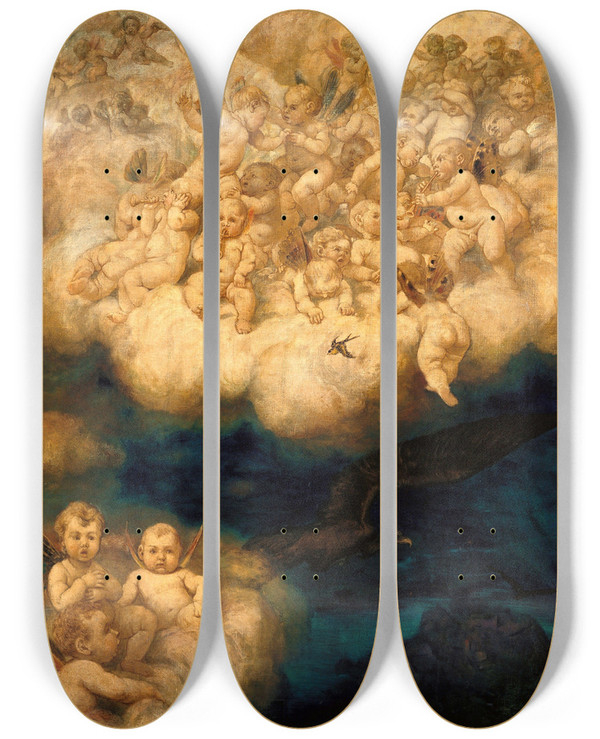 Triptych art skateboard deck of Hans Thoma Cloud Of Angels by Hans Thoma (1839-1924)
