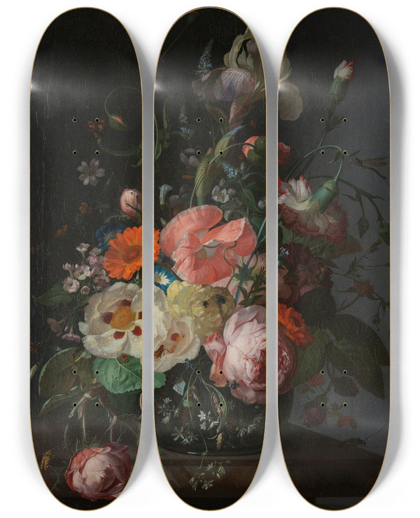 Triptych art skateboard deck of Rachel Ruysch Still Life With Flowers On A Marble Tabletop by Rachel Ruysch (1664-1750)