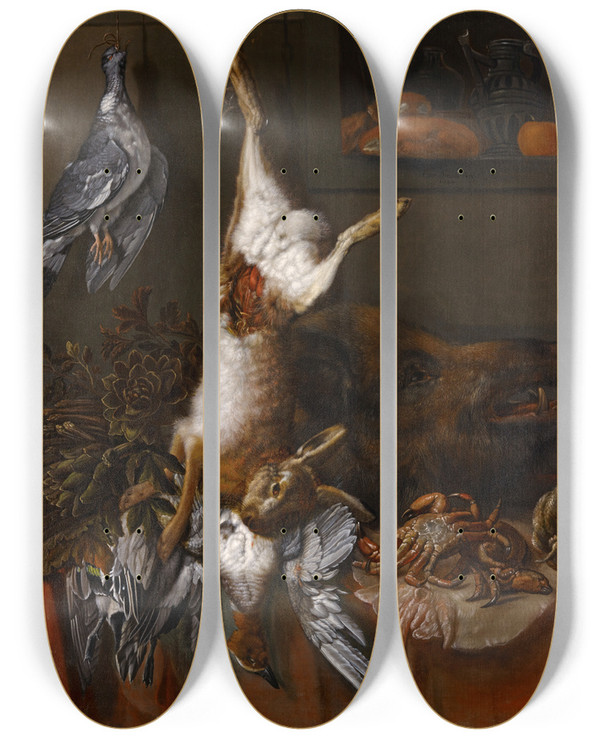 Triptych art skateboard deck of Hinrich Stravius Hunting Still Life With A Hare by Hinrich Stravius (1681-1690)