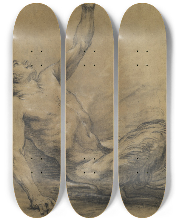 Triptych art skateboard deck of Jeanbaptiste Deshays Seated Satyr Leaning Backward Recto by Jean-Baptiste Deshays (1729-1765)