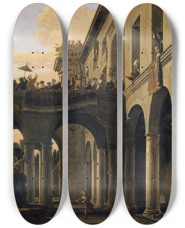 Triptych art skateboard deck of Salomon De Bray Samson Destroying The Temple by Salomon de Bray (1597-1664)