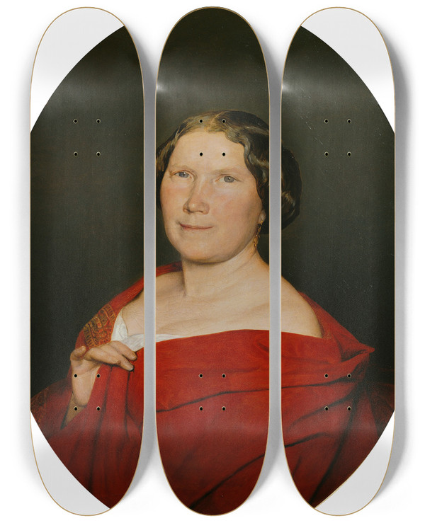 Triptych art skateboard deck of Ferdinand Georg Waldmller Frau Mit Lachsrotem Umhang by Ferdinand Georg Waldmuller (1793-1865)