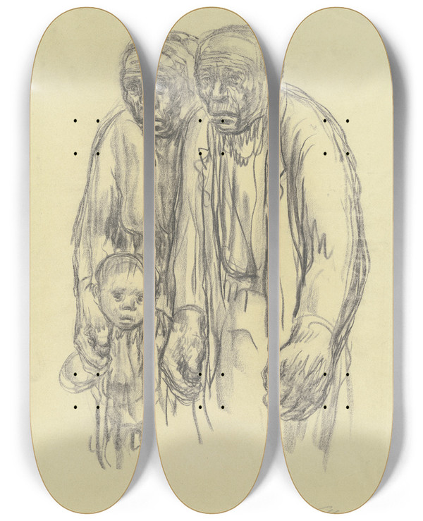 Triptych art skateboard deck of Kthe Kollwitz Mann Frau Und Kleines Kind by Kthe Kollwitz (1867-1945)