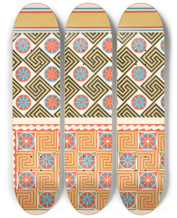 Triptych art skateboard deck of Gustave Jquier 38 Plafond Du Tombeau Danna N 81 39 Plafond Du Tombeau De Senmout N 71 by Gustave Jequier (1868-1946)