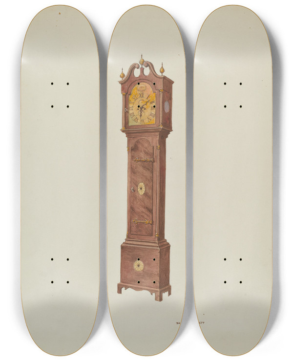 Triptych art skateboard deck of Dana Bartlett Grandfather Clock Angular View by Dana Bartlett