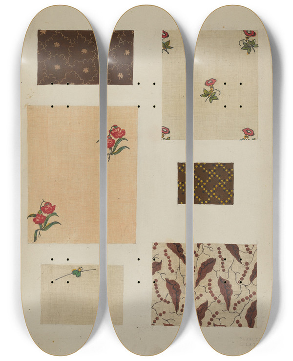 Triptych art skateboard deck of Frances Lichten Materials From Patchwork Bedspread_4 by Frances Lichten (1889-1961)