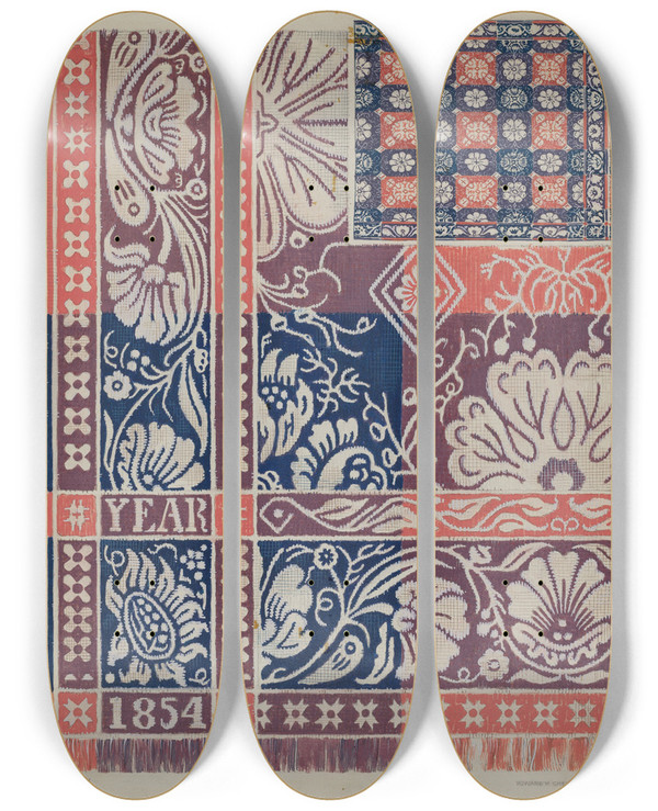 Triptych art skateboard deck of Howard H Sherman Woven Coverlet by Howard H Sherman