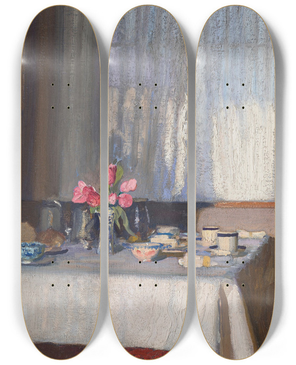 Triptych art skateboard deck of Sir George Clausen The Breakfast Table by Sir George Clausen (1852-1944)