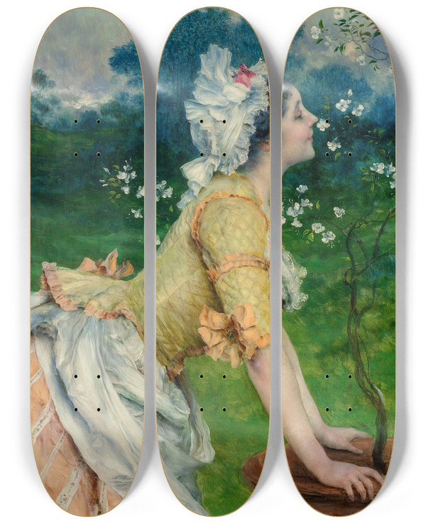 Triptych art skateboard deck of Francesco Vinea Spring In Florence by Francesco Vinea (1845-1902)