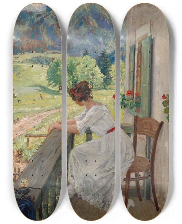 Triptych art skateboard deck of Robert Voelcker Schne Aussicht by Robert Voelcker (1854-1924)