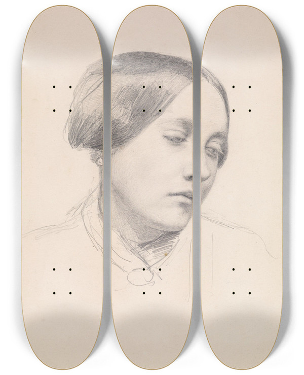 Triptych art skateboard deck of Sir John Everett Millais Female Study Of A Girls Head by Sir John Everett Millais (1829-1896)