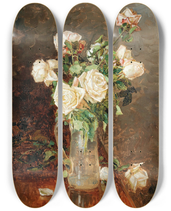 Triptych art skateboard deck of Yuliy Yulevich Klever The Younger A Bouquet Of Roses In A Glass Ewer by Yuliy Yulevich Klever the Younger (1882-1942)