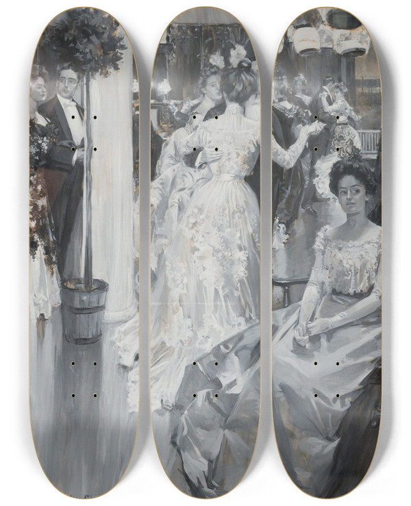 Triptych art skateboard deck of Howard Chandler Christy The Gala by Howard Chandler Christy (1873-1952)