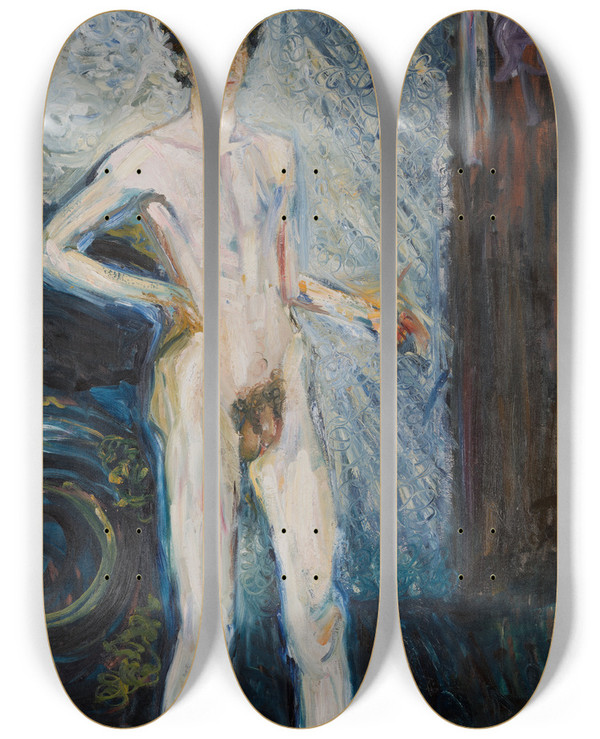 Triptych art skateboard deck of Richard Gerstl Nude Selfportrait With Palette by Richard Gerstl (1883-1908)