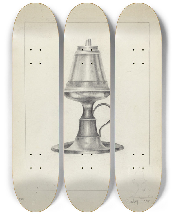 Triptych art skateboard deck of Amelia Tuccio Camphene Lamp by Amelia Tuccio (20-)