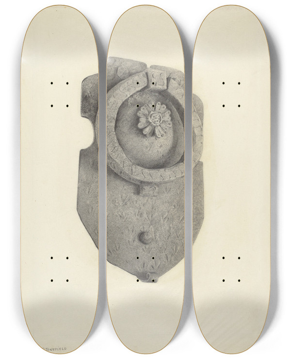 Triptych art skateboard deck of Joseph Stonefield Door Knocker by Joseph Stonefield