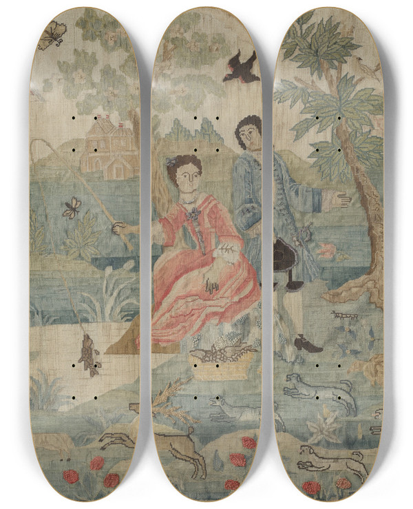 Triptych art skateboard deck of Phyllis Dorr Petit Point Embroidery by Phyllis Dorr