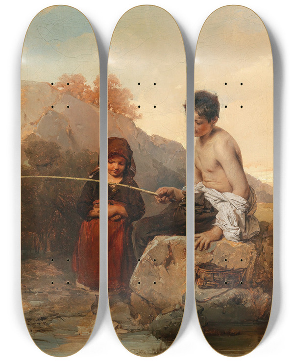 Triptych art skateboard deck of Domenico Induno The Young Fishermen by Domenico Induno (1815-1878)
