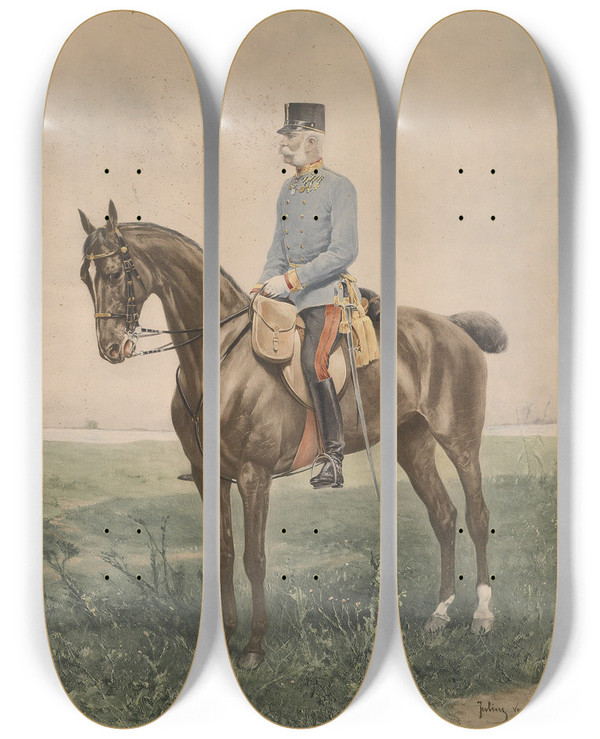 Triptych art skateboard deck of Julius Von Blaas Kaiser Franz Joseph Zu Pferd by Julius Von Blaas (1845-1923)