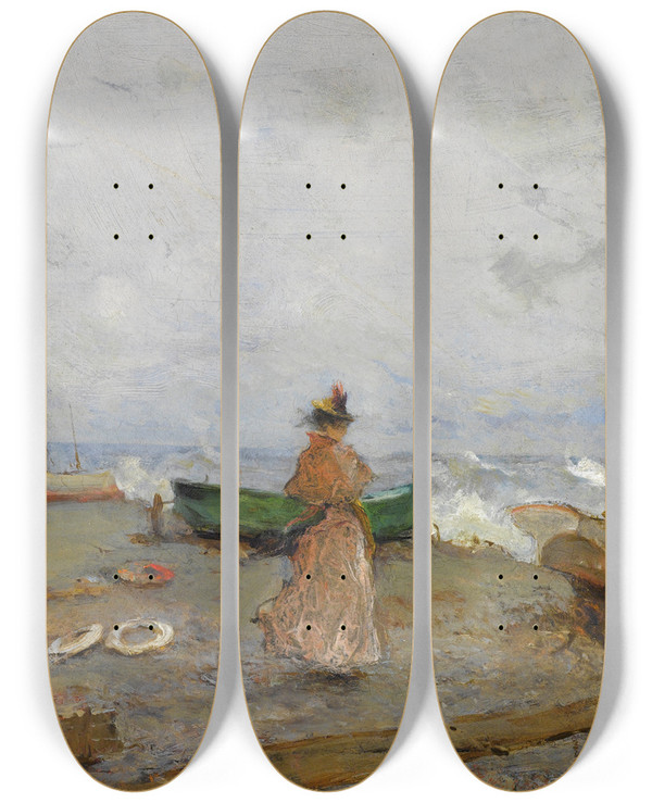 Triptych art skateboard deck of Pompeo Mariani In Riva Al Mare by Pompeo Mariani (1857-1927)