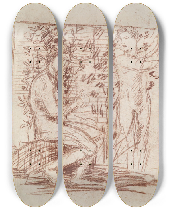 Triptych art skateboard deck of Hans Von Mares In Praise Of Modesty by Hans Von Marees (1837-1887)