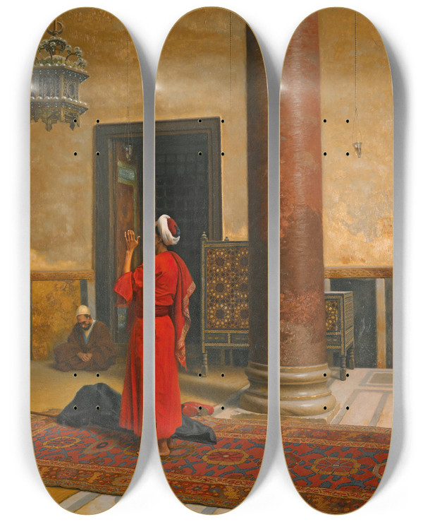 Triptych art skateboard deck of Ludwig Deutsch Morning Prayers by Ludwig Deutsch (1855-1935)