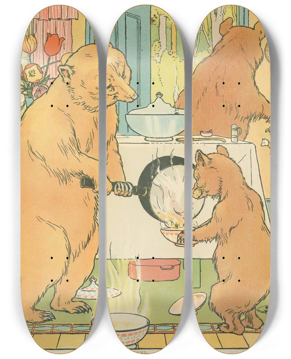 Triptych art skateboard deck of Leonard Leslie Brooke The Bears At Home by Leonard Leslie Brooke (1862-1940)