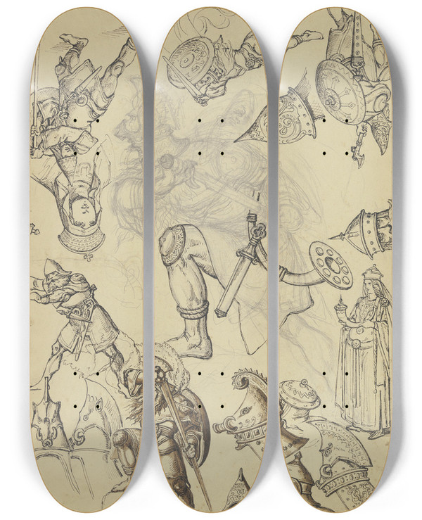 Triptych art skateboard deck of Ferdinand Fellner Studienblatt Ritter Und Damen Mittig Ein Das Schwert Ziehender Ritter In Energischer Bewegung Nach Links by Ferdinand Fellner (1799-1859)