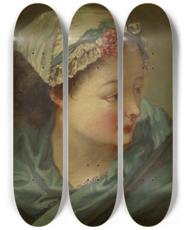 Triptych art skateboard deck of Franois Boucher Head Of A Young Woman by Francois Boucher (1703-1770)