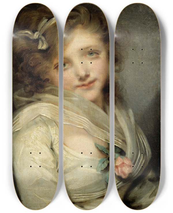 Triptych art skateboard deck of Jeanbaptiste Greuze Portrait De Jeune Fille by Jean-Baptiste Greuze (1725-1805)