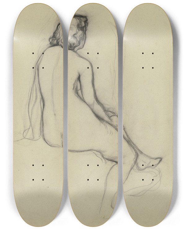 Triptych art skateboard deck of Victor Mller Auf Einer Erhebung Sitzender Weiblicher Akt In Rckenansicht by Victor Muller (1829-1871)