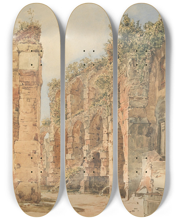 Triptych art skateboard deck of Rudolf Von Alt Die Burgruine Emmerberg In Der Neuen Welt Bei Wiener Neustadt by Rudolf Von Alt (1812-1905)