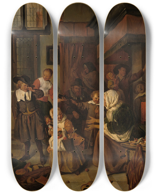 Triptych art skateboard deck of Charles Van Beveren The Feast Of St Nicholas by Charles Van Beveren (1809-1850)