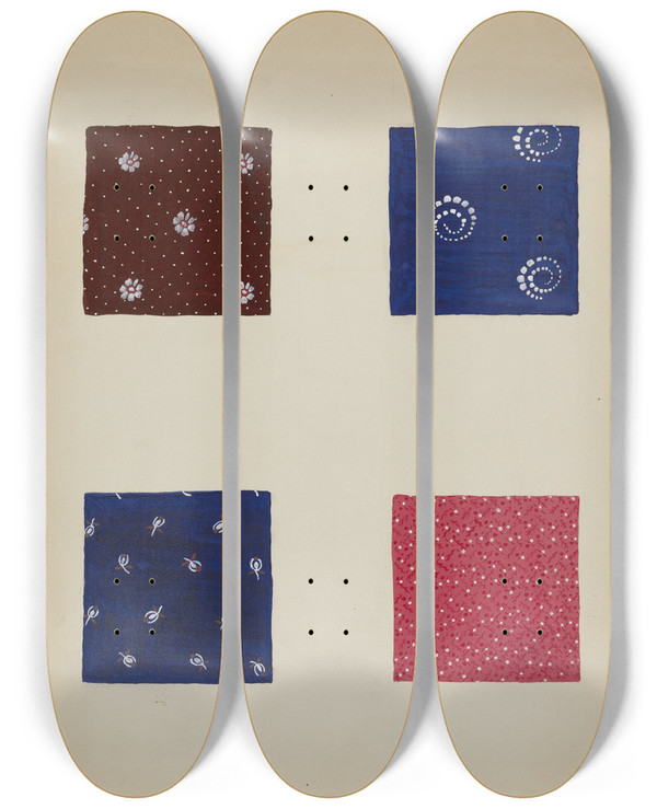 Triptych art skateboard deck of Katherine Hastings Materials From Patchwork Quilt_3 by Katherine Hastings