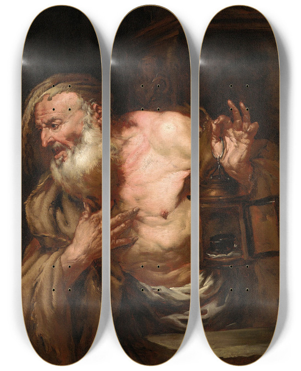 Triptych art skateboard deck of Giovanni Battista Langetti Diogenes_1 by Giovanni Battista Langetti (1635-1676)