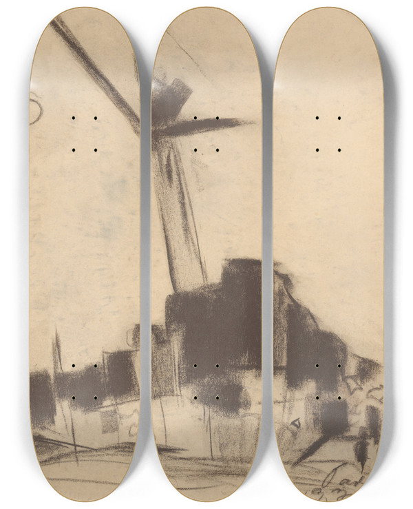 Triptych art skateboard deck of Zolo Palugyay Construction Site With A Tall Crane In Paris by Zolo Palugyay (1898-1935)