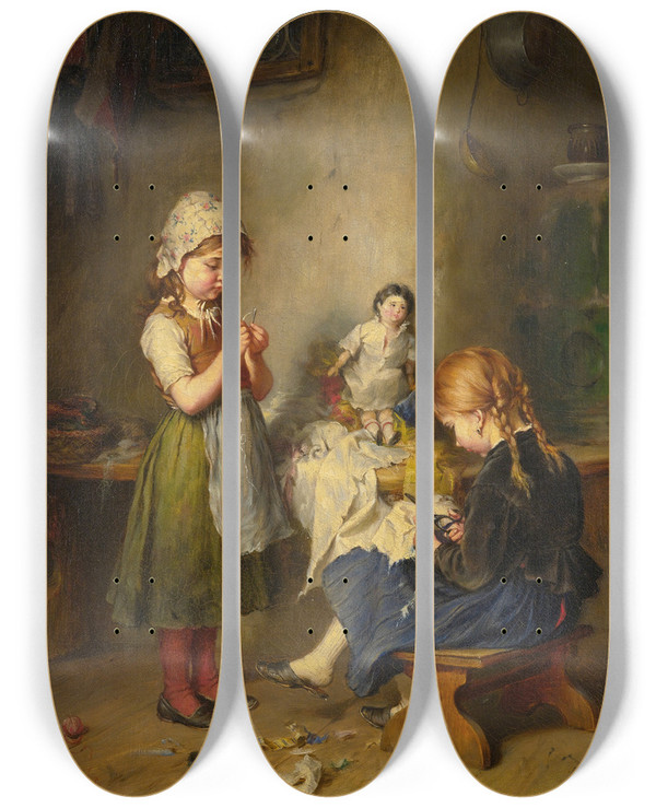 Triptych art skateboard deck of Heinrich Hirt The Little Seamstress by Heinrich Hirt (1841-1902)