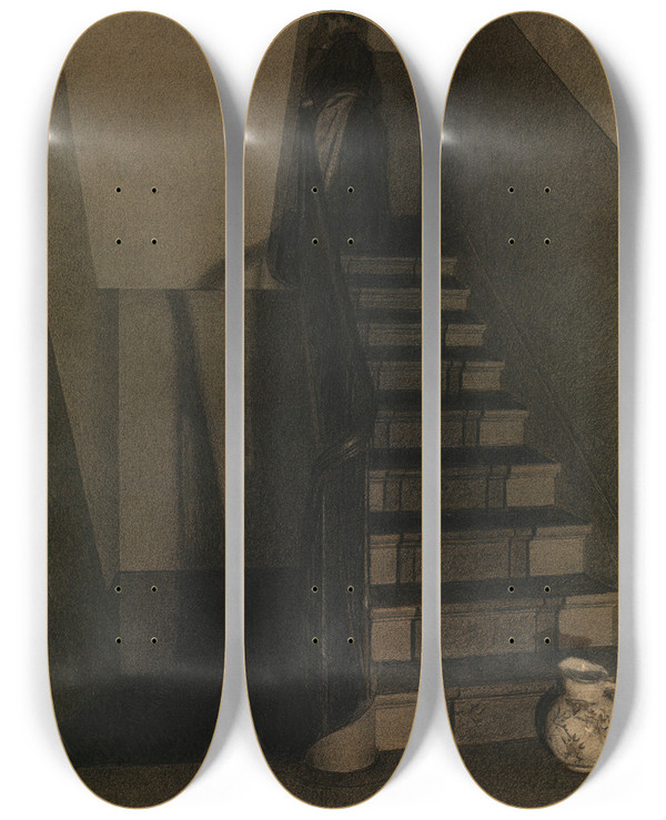 Triptych art skateboard deck of Xavier Mellery The Staircase by Xavier Mellery (1845-1921)