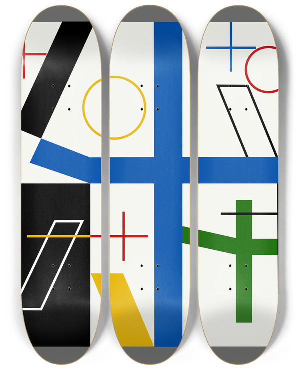 Triptych art skateboard deck of Myriam Thyes Four Spaces With Broken Crosses by Myriam Thyes (1963)