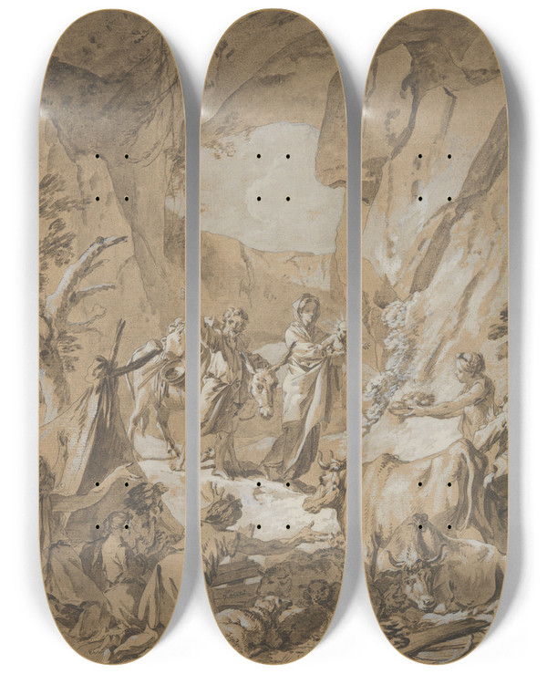 Triptych art skateboard deck of Jean Baptiste Marie Pierre The Flight Into Egypt by Jean Baptiste Marie Pierre (1714-1789)