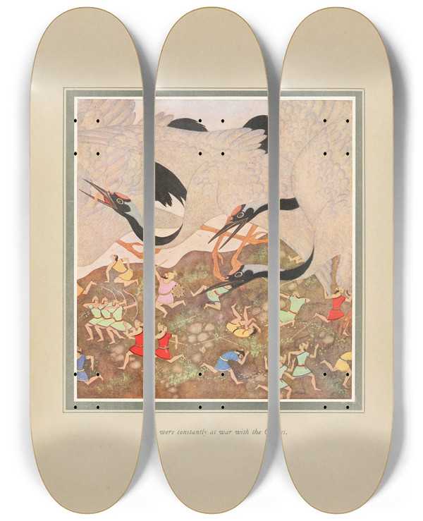 Triptych art skateboard deck of Edmund Dulac They Were Constantly At War With The Cranes by Edmund Dulac (1882-1953)